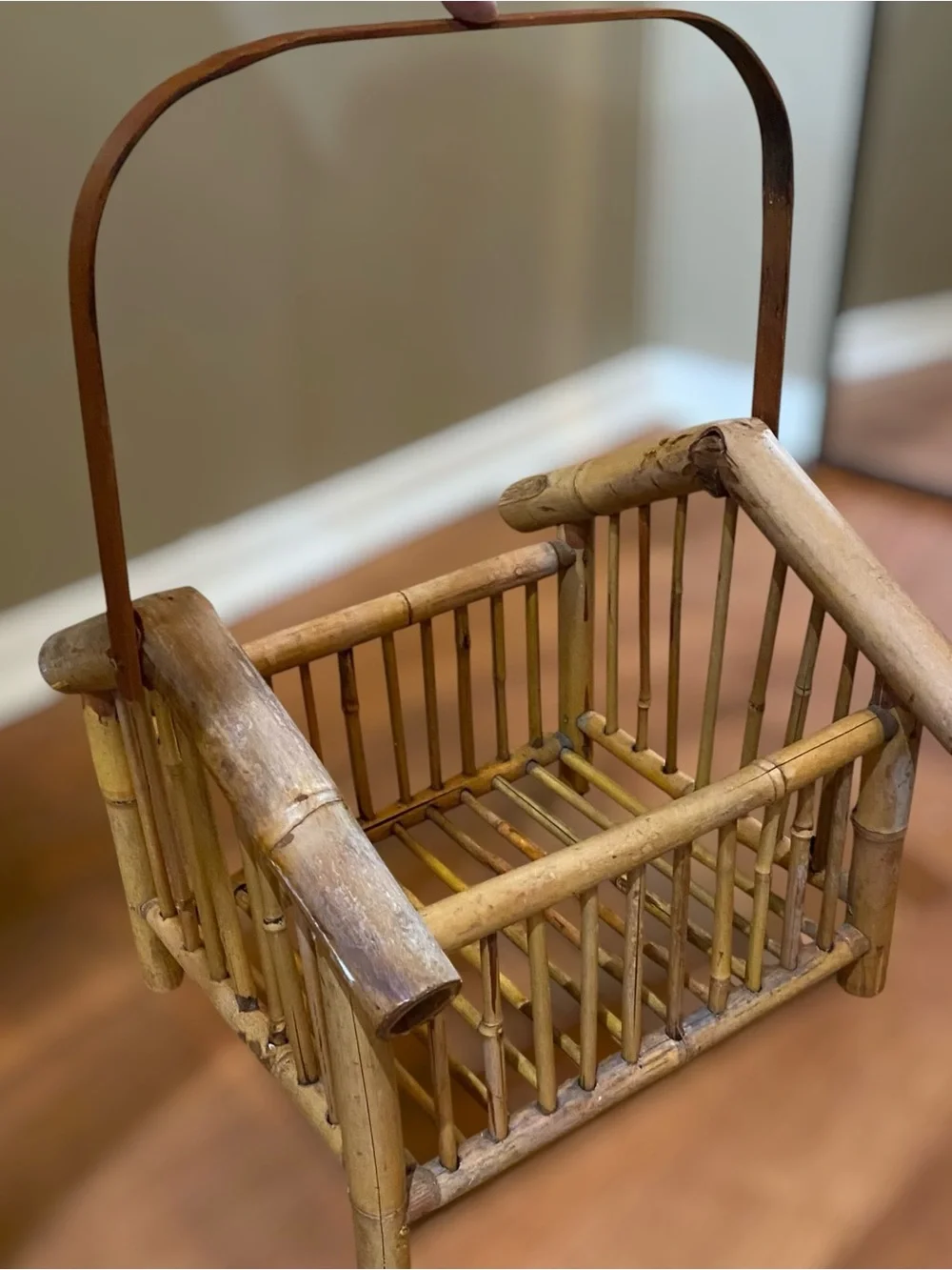 Vintage 60’s Bamboo Square Basket with Handle Magazine Storage Rattan Cane